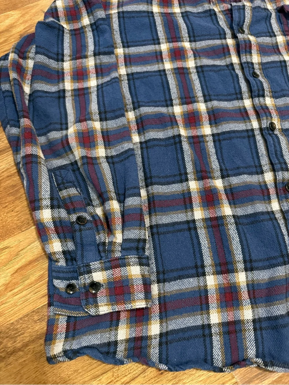 Stanley Blue Plaid Button-Down Shirt with Red and White Accents
